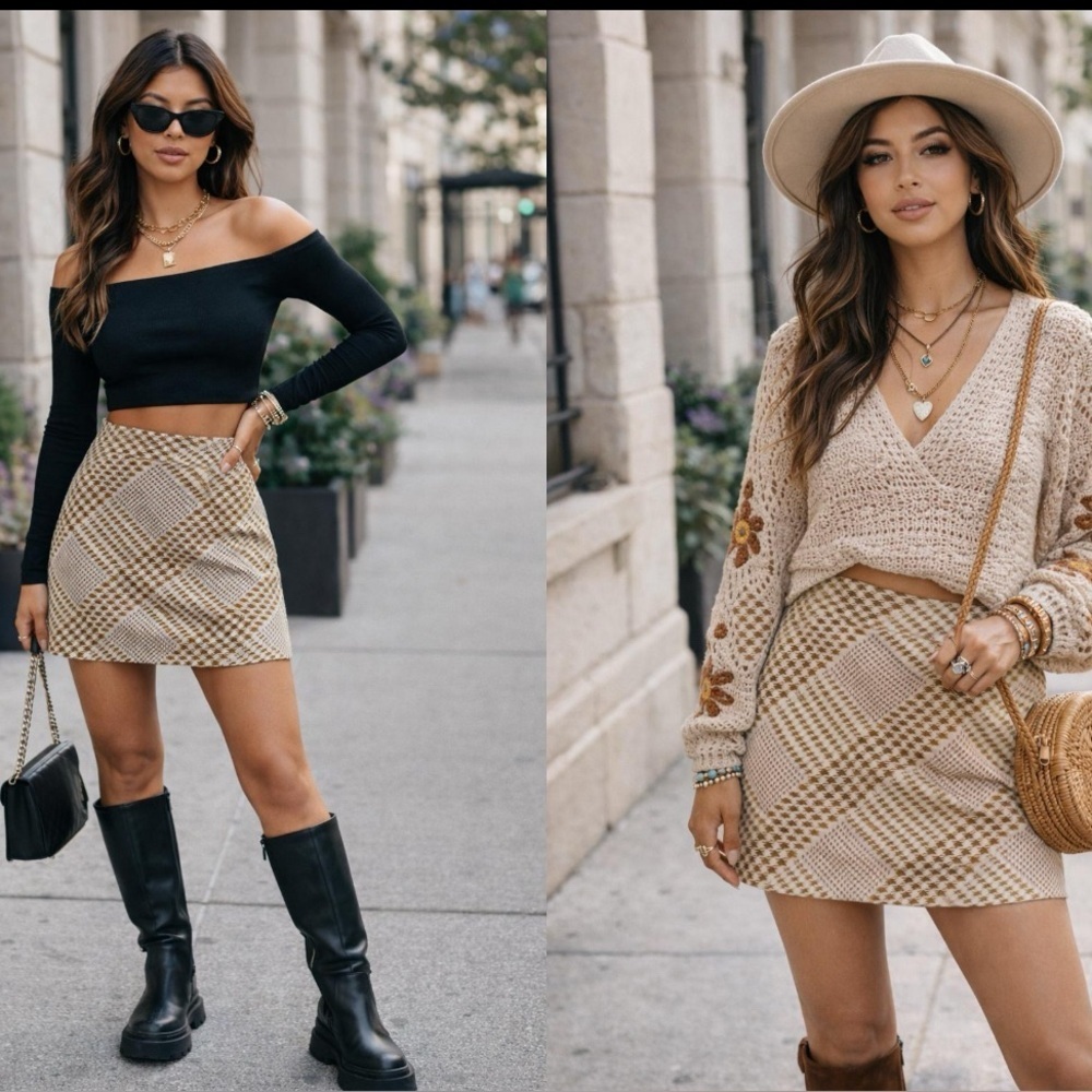 Altar'd State Houndstooth Mini Skirt Brown Cream Preppy Chic Boho Capsule Large